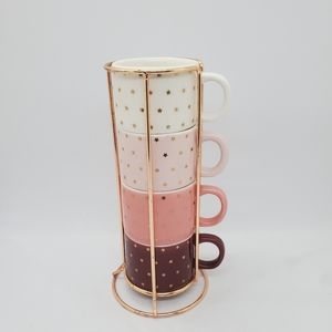 Coco + Lola Stackable Espresso Cup Set Gold Stars Pink Palette with holder